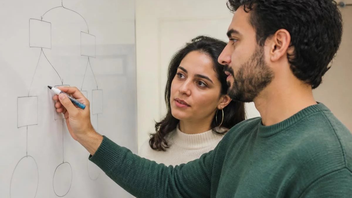 Duas participantes de pé diante do quadro branco, montando um argumento a caneta