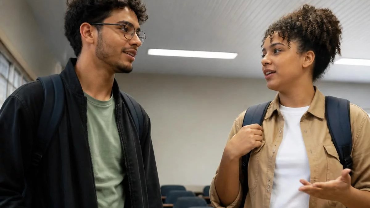 Grupo pequeno em volta da mesa de reunião, cada um com folhas impressas na mão
